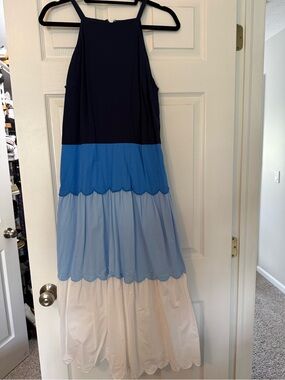 Ann Taylor Colorblock Tiered Maxi Skirt in Navy, Cobalt, Light Blue & White